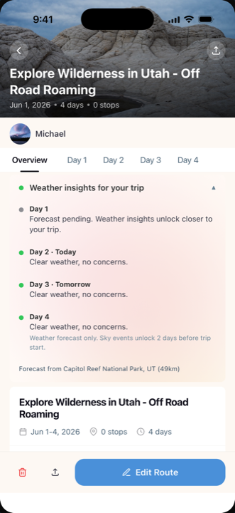 Day-by-day weather insights and sky-event alerts inside a Renoir trip