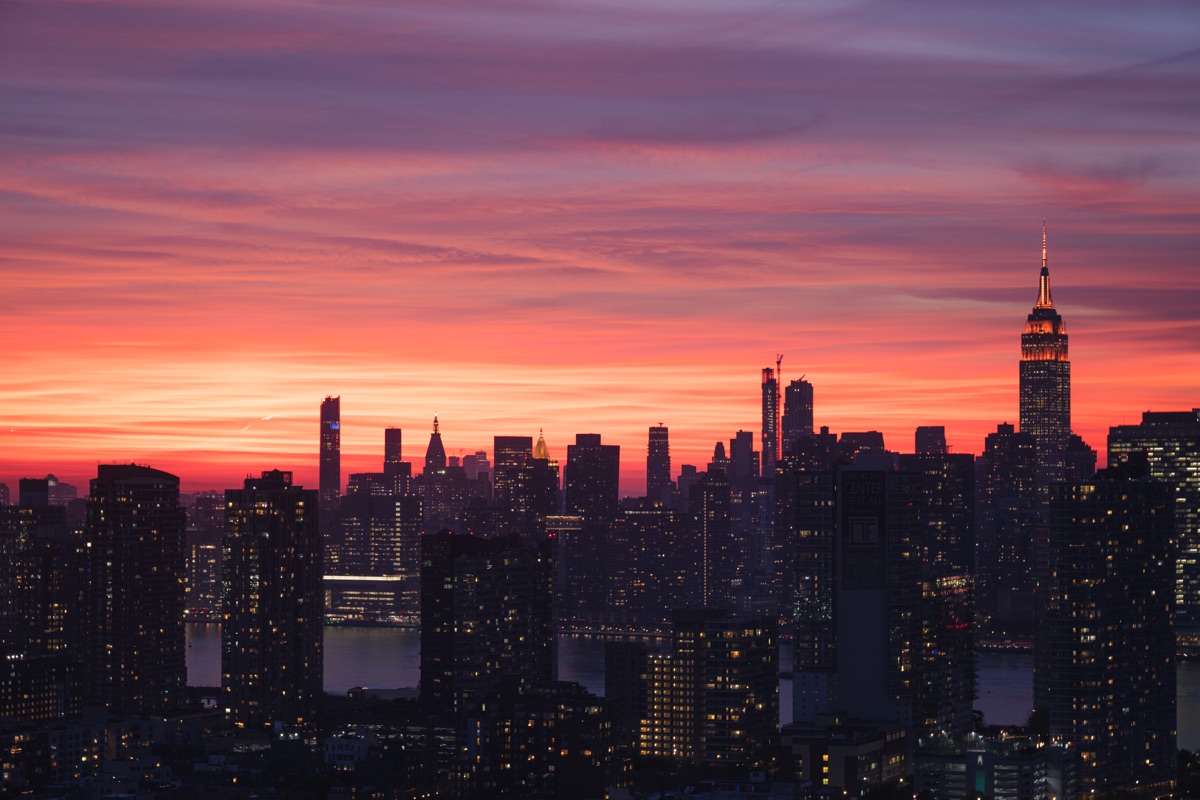 Fire sky sunset over the New York City skyline